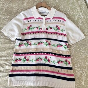 Alfred Dunner White and Pink Knit Top with Embroidery
